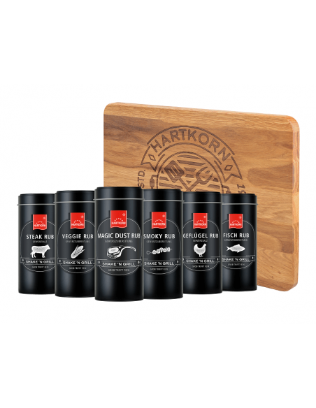 Grillset mit sechs schwarzen Dosen vor einem Holzbrett mit Hartkorn-Prägung. Grillset mit sechs schwarzen Dosen vor einem Holzbrett mit Hartkorn-Prägung.