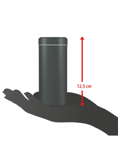 Eine schwarze Gewürzdose steht auf einer ausgestreckten Handfläche, daneben ein roter Pfeil mit der Höhenangabe „12,5 cm“.