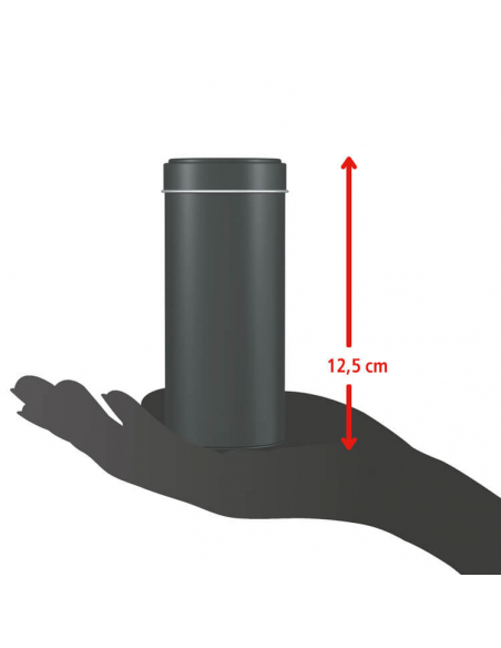 Eine schwarze Gewürzdose steht auf einer ausgestreckten Handfläche, daneben ein roter Pfeil mit der Höhenangabe „12,5 cm“.