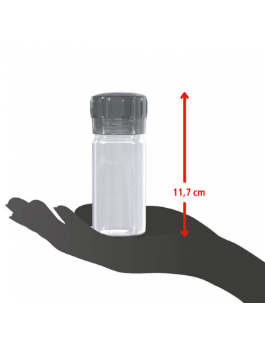 Maßdarstellung einer kleinen Gewürzmühle mit schwarzem Deckel auf Silhouette einer Hand, Höhe mit Pfeil und Maßangabe 11,7 cm.