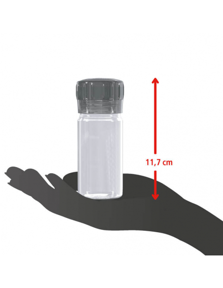Maßdarstellung einer kleinen Gewürzmühle mit schwarzem Deckel auf Silhouette einer Hand, Höhe mit Pfeil und Maßangabe 11,7 cm. Maßdarstellung einer kleinen Gewürzmühle mit schwarzem Deckel auf Silhouette einer Hand, Höhe mit Pfeil und Maßangabe 11,7 cm.