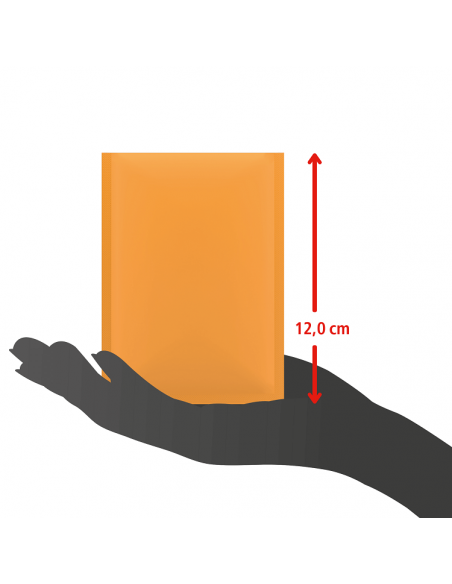 Eine orangefarbene Verpackung steht auf einer ausgestreckten Handfläche. Daneben ein roter Pfeil mit der Höhenangabe „12,0 cm“. Eine orangefarbene Verpackung steht auf einer ausgestreckten Handfläche. Daneben ein roter Pfeil mit der Höhenangabe „12,0 cm“.