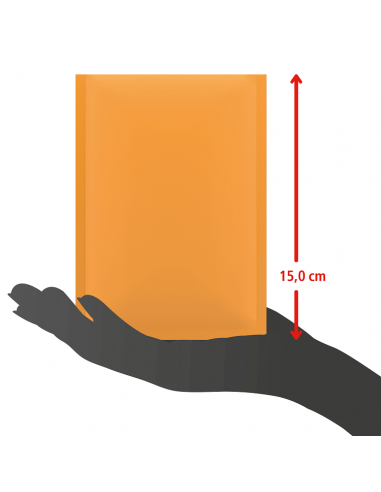 Eine orangefarbene Verpackung steht auf einer ausgestreckten Handfläche. Daneben ein roter Pfeil mit der Höhenangabe „12,0 cm“.