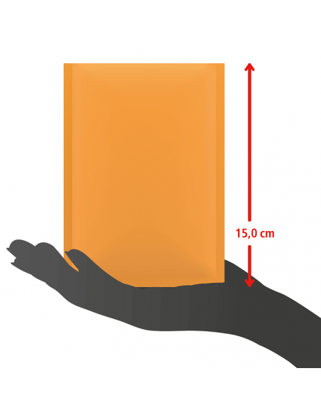 Eine orangefarbene Verpackung steht auf einer ausgestreckten Handfläche. Daneben ein roter Pfeil mit der Höhenangabe „12,0 cm“. Eine orangefarbene Verpackung steht auf einer ausgestreckten Handfläche. Daneben ein roter Pfeil mit der Höhenangabe „12,0 cm“.