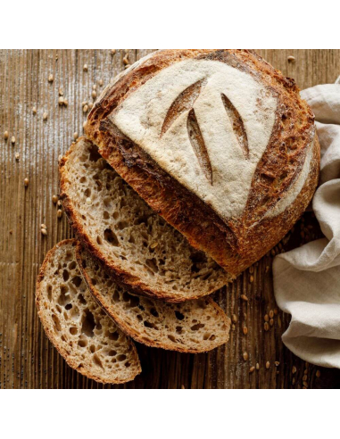 Angeschnittenes rustikales Brot mit röscher Kruste auf Holzoberfläche.