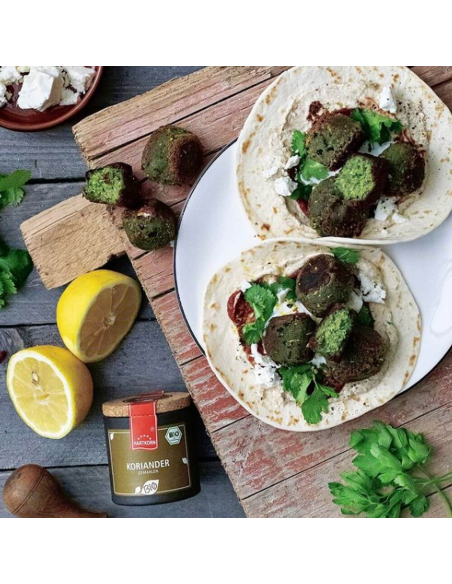 Zwei gefüllte Wraps mit Falafel, Kräutern und Joghurt auf weißem Teller Zwei gefüllte Wraps mit Falafel, Kräutern und Joghurt auf weißem Teller