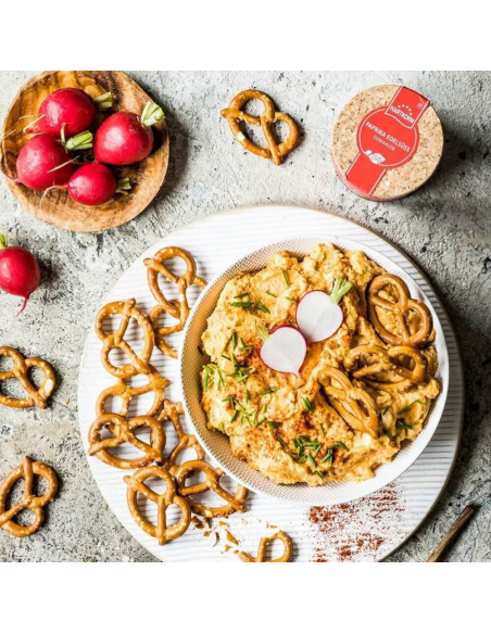 Teller mit Obazda, Radieschen und Laugenbrezeln auf hellem Untergrund