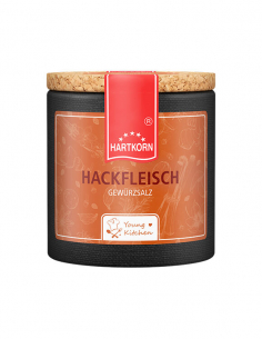 Pappdose mit Korkdeckel und orangefarbenem Etikett, beschriftet mit „Hackfleisch Gewürz“.
