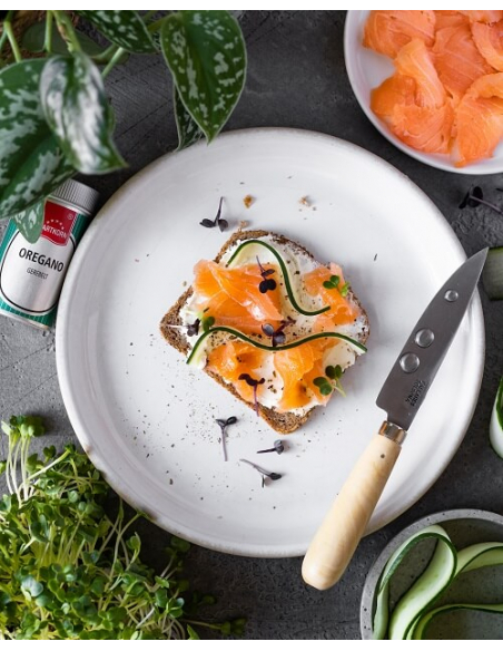 belegtes Brot mit Lachs, Frischkäse und Gurke, auf einem Teller, umgeben von Kräutern und einer geöffneten Oregano-Dose