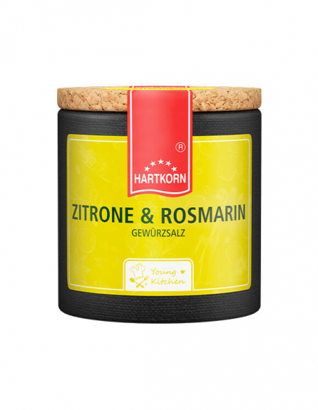 Pappdose mit Korkdeckel und gelbem Etikett, beschriftet mit „Zitrone & Rosmarin“.