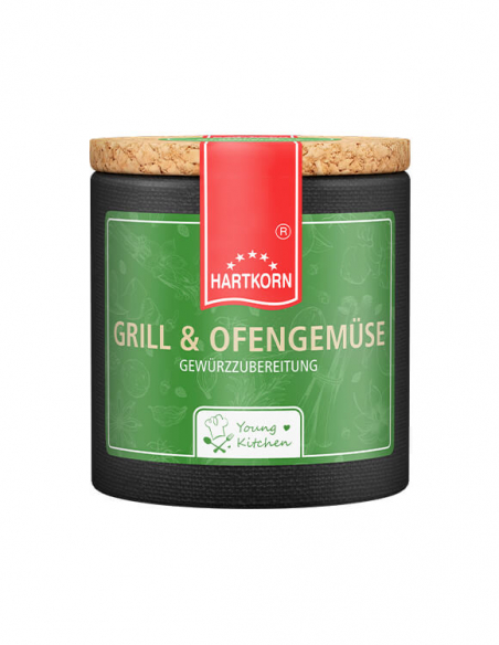 Pappdose mit Korkdeckel und grünem Etikett, beschriftet mit „Grill & Ofengemüse“. Pappdose mit Korkdeckel und grünem Etikett, beschriftet mit „Grill & Ofengemüse“.