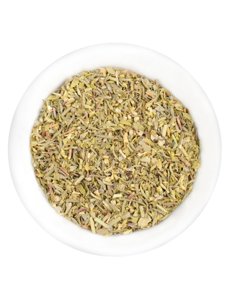 Eine weiße Schale gefüllt mit einer fein geschnittenen, hellgrünen bis beigen Kräutermischung mit roten Sprenkeln. Eine weiße Schale gefüllt mit einer fein geschnittenen, hellgrünen bis beigen Kräutermischung mit roten Sprenkeln.