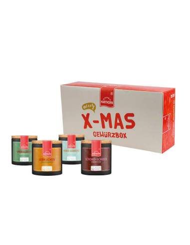 Geschenkbox mit der Aufschrift „X-MAS Gewürzbox“. Davor bunte Pappdosen mit Korkdeckel, die verschiedene Gewürze enthalten.