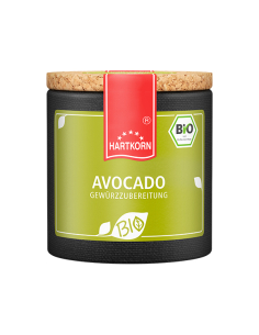Schwarze Pappdose mit grünem Etikett, Aufschrift „AVOCADO“, Bio-Siegel.