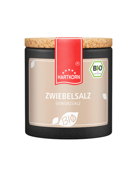 Pappdose mit beigem Etikett und Aufschrift „ZWIEBELSALZ GEWÜRZSALZ“. Pappdose mit beigem Etikett und Aufschrift „ZWIEBELSALZ GEWÜRZSALZ“.