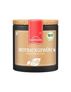 Dunkle Pappdose mit beigem Etikett, rotem Deckelband und Aufschrift „BROTBACKGEWÜRZ GEWÜRZMISCHUNG“, daneben das Bio-Siegel.