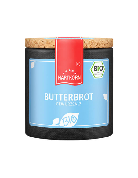 Dunkle Pappdose mit hellblauem Etikett, weißer Aufschrift „BUTTERBROT GEWÜRZSALZ“ und Grün-weißem Bio-Siegel Dunkle Pappdose mit hellblauem Etikett, weißer Aufschrift „BUTTERBROT GEWÜRZSALZ“ und Grün-weißem Bio-Siegel
