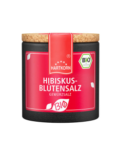 Schwarze Pappdose mit pinkem Etikett, Aufschrift „HIBISKUSBLÜTENSALZ“, Bio-Siegel.