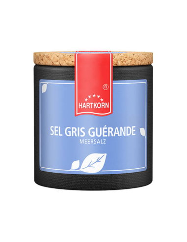 Dunkle Pappdose mit blauem Etikett, Aufschrift ‚SEL GRIS GUÉRANDE MEERSALZ