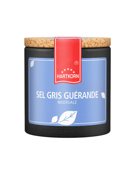Dunkle Pappdose mit blauem Etikett, Aufschrift ‚SEL GRIS GUÉRANDE MEERSALZ Dunkle Pappdose mit blauem Etikett, Aufschrift ‚SEL GRIS GUÉRANDE MEERSALZ