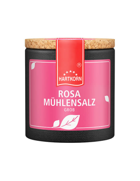 Dunkle Pappdose mit pinkem Etikett, Aufschrift ‚ROSA MÜHLENSALZ GROB‘