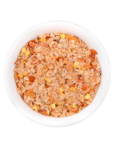 Darstellung Nahaufnahme einer weißen Schale mit grobem, orange-gelb durchzogenem Chili-Salz.