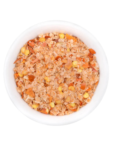 Darstellung Nahaufnahme einer weißen Schale mit grobem, orange-gelb durchzogenem Chili-Salz. Darstellung Nahaufnahme einer weißen Schale mit grobem, orange-gelb durchzogenem Chili-Salz.
