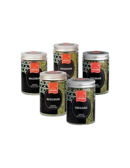 Fünf Gewürze im Glas mit gefriergetrockneten Kräutern: Basilikum, Majoran, Oregano, Rosmarin, Thymian, mit schwarzem Etikett