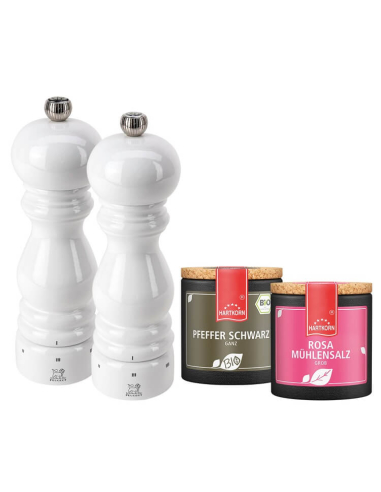Peugeot white salt and pepper mill (18cm) in set with pink mill salt and pepper