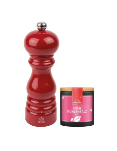 Peugeot rote Salzmühle (18cm) im Set mit Rosa Mühlensalz.