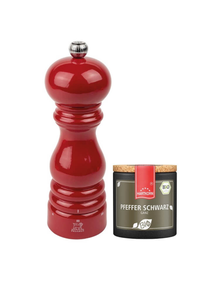 Peugeot rote Pfeffermühle (18cm) im Set mit Pfeffer ganz.