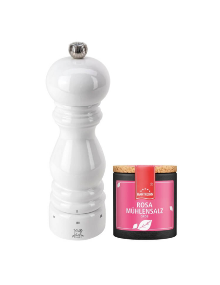 Peugeot weiße Salzmühle (18cm) im Set mit Rosa Mühlensalz