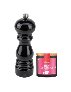 Peugeot schwarze Salzmühle (18cm) im Set mit Rosa Mühlensalz