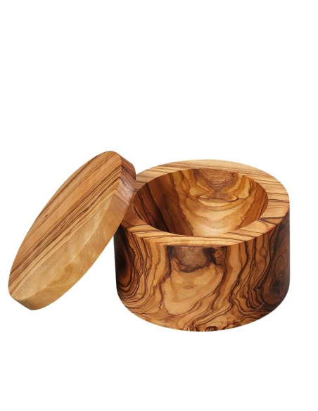 Runde Salzdose aus Olivenholz mit abgenommenem Deckel, sichtbare Holzmaserung