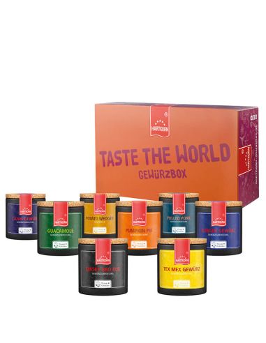 Box mit der Aufschrift ‚Taste the World Gewürzbox‘ neben neun schwarzen Pappdosen mit verschiedenfarbigen Etiketten.“