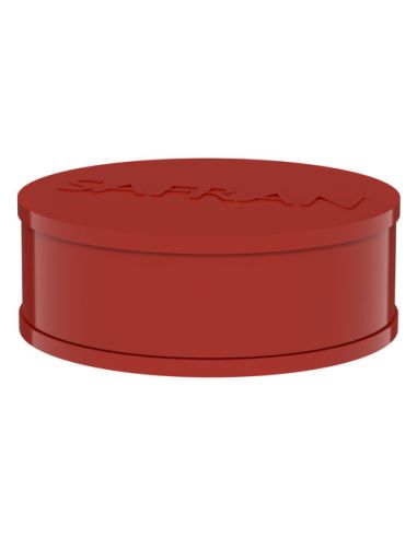 Flache, runde Metalldose in Rot mit Prägung "Safran" auf dem Deckel.