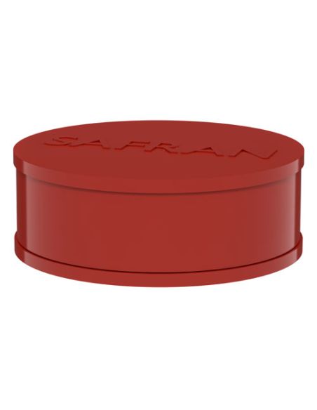 Flache, runde Metalldose in Rot mit Prägung "Safran" auf dem Deckel. Flache, runde Metalldose in Rot mit Prägung "Safran" auf dem Deckel.
