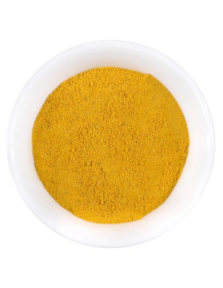 Gelbliches Currypulver in einer runden weißen Schale, Draufsicht – Gewürz der Sorte 'Curry Classico Bio'.