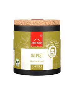 Schwarze Pappdose mit Korkdeckel, Etikett in Grün mit rotem Band: 'Hartkorn Antipasti Gewürzmischung', BIO-Siegel sichtbar.