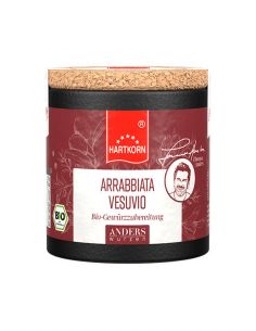 Schwarze Pappdose mit Korkdeckel, Etikett in Rot mit rotem Band: 'Arrabbiata Vesuvio Gewürzzubereitung', BIO-Siegel sichtbar.
