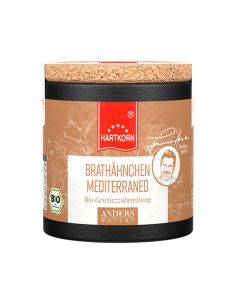 Schwarze Pappdose mit Korkdeckel, Etikett in Blau mit rotem Band: 'Hartkorn Brathähnchen Mediterraneo', BIO-Siegel sichtbar.