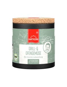 Schwarze Pappdose mit Korkdeckel, Etikett in Grün mit rotem Band: 'Hartkorn Grill- & Ofengemüse Gewürzmischung', BIO-Siegel.