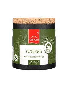 Schwarze Pappdose mit Korkdeckel, Etikett in Grün mit rotem Band: 'Hartkorn Pizza&Pasta Gewürzzubereitung', BIO-Siegel sichtbar.