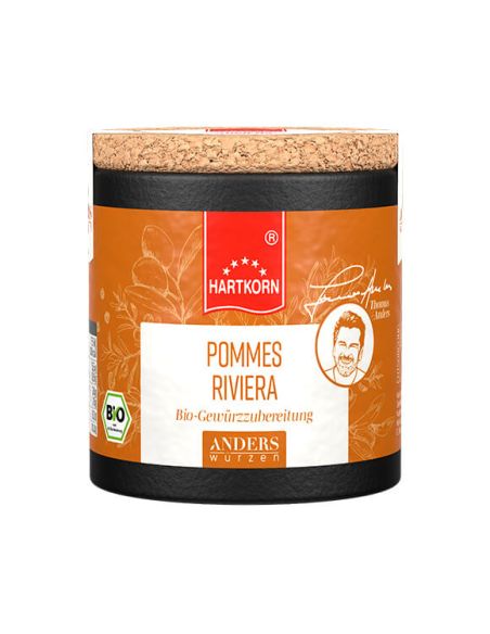 Schwarze Pappdose mit Korkdeckel, Etikett in Orange mit rotem Band: 'Pommes Riviera Bio Gewürzzubereitung', BIO-Siegel sichtbar. Schwarze Pappdose mit Korkdeckel, Etikett in Orange mit rotem Band: 'Pommes Riviera Bio Gewürzzubereitung', BIO-Siegel sichtbar.