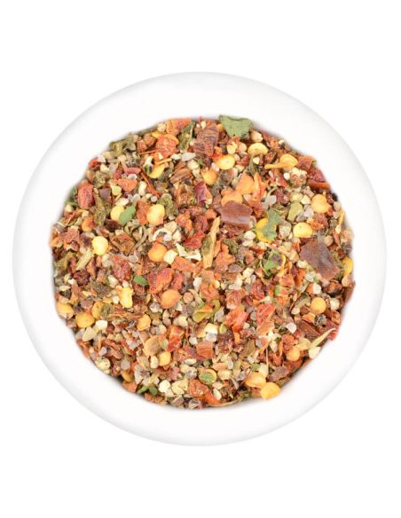 Bunte Gewürzzubereitung in einer runden weißen Schale, Draufsicht – Gewürz der Sorte 'Grillsteak Bio' Bunte Gewürzzubereitung in einer runden weißen Schale, Draufsicht – Gewürz der Sorte 'Grillsteak Bio'