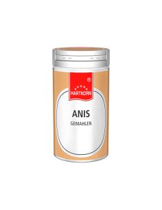 Gewürzdose mit grünem Etikett und rotem Deckel, Aufschrift „Anis – gemahlen“