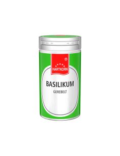Grüne Gewürzdose von Hartkorn mit rotem Etikett und der Aufschrift „Basilikum gerebelt“ auf weißem Label