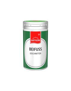 Grüne Hartkorn-Gewürzdose mit rotem Etikett, weißem Label und schwarzer Aufschrift „Beifuss geschnitten“.