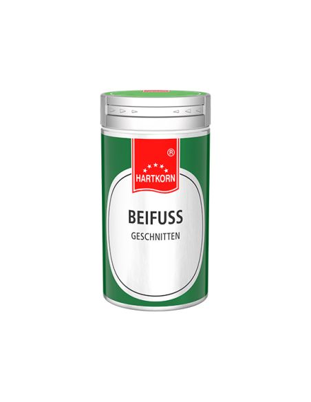 Grüne Hartkorn-Gewürzdose mit rotem Etikett, weißem Label und schwarzer Aufschrift „Beifuss geschnitten“. Grüne Hartkorn-Gewürzdose mit rotem Etikett, weißem Label und schwarzer Aufschrift „Beifuss geschnitten“.