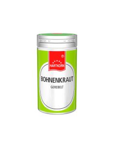 Grüne Gewürzdose von Hartkorn mit der Aufschrift „Bohnenkraut gerebelt